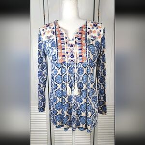 Lucky Brand Blue Pink Embroidered Peasant Top Womens Medium Long Sleeve Tassels
